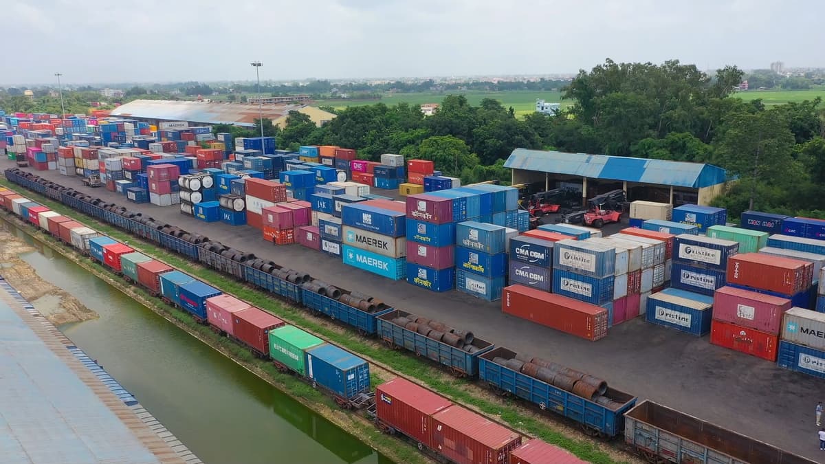 Aerial view of container ship with colorful cargo containers